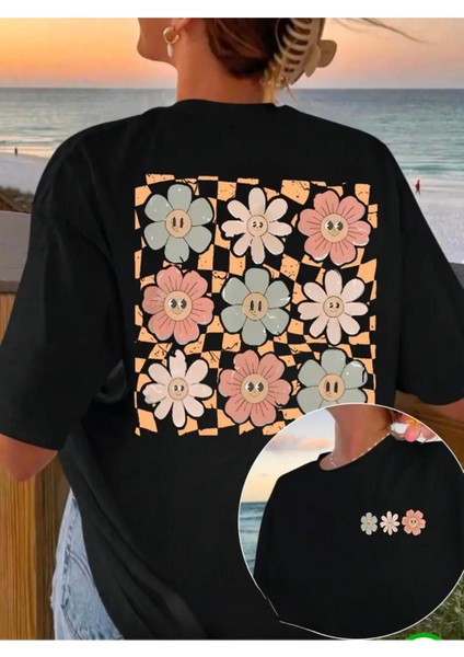Ön ve Arka Çoklu Çiçek Baskılı Basic T-Shirt fiyatları