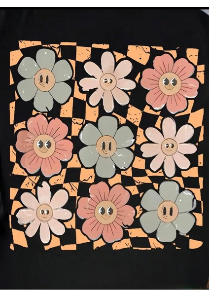 Ön ve Arka Çoklu Çiçek Baskılı Basic T-Shirt modelleri
