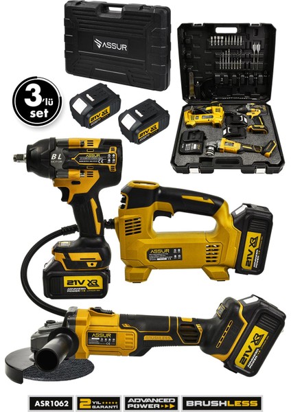 21V Çift Akü 125 Mm Taşlama Hava Pompası 800 Nm Somun Sıkma Sökme 3'lü Set