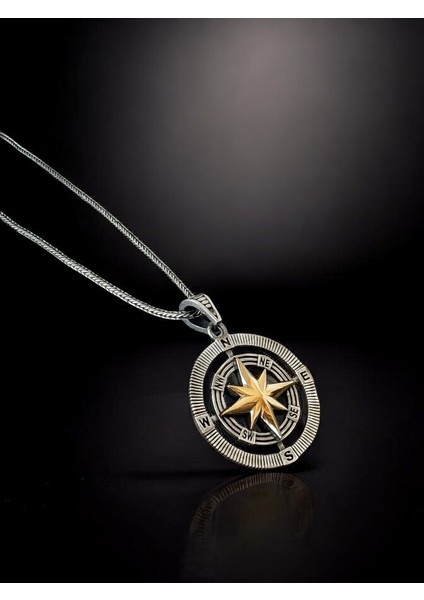 Pusula Kutup Yıldızı Detaylı İşlemeli Parlak Tasarım 925 Ayar Gümüş Erkek Kolye