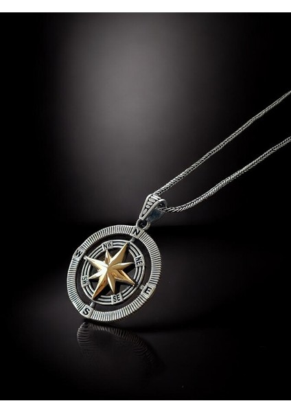 Pusula Kutup Yıldızı Detaylı İşlemeli Parlak Tasarım 925 Ayar Gümüş Erkek Kolye fiyatları