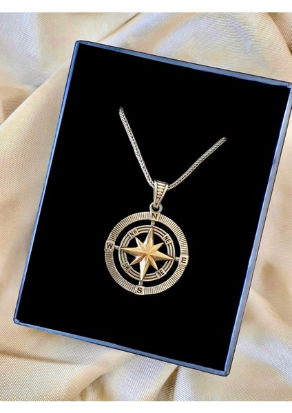 Pusula Kutup Yıldızı Detaylı İşlemeli Parlak Tasarım 925 Ayar Gümüş Erkek Kolye modelleri