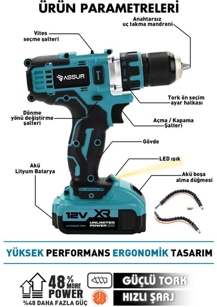 Profesyonel 12V Çift Akülü 12 Köşe 360° Lazer Hizalama & Akülü Vidalama 84 Parça Set