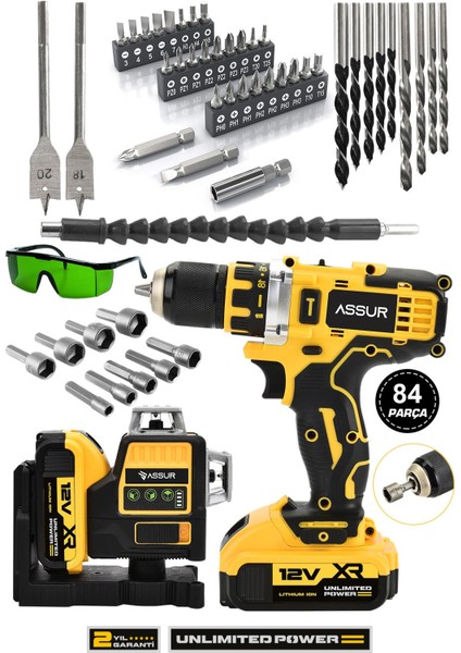 Profesyonel 12V Çift Akülü 12 Köşe 360° Lazer Hizalama & Akülü Vidalama Set