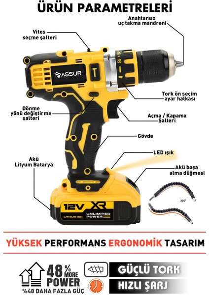 Profesyonel 12V Çift Akülü 12 Köşe 360° Lazer Hizalama & Akülü Vidalama Set