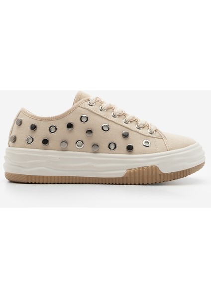 Kadın Sneaker Troklu Zımbalı Bağcıklı Keten Spor Ayakkabı Viben