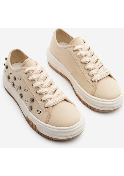 Kadın Sneaker Troklu Zımbalı Bağcıklı Keten Spor Ayakkabı Viben