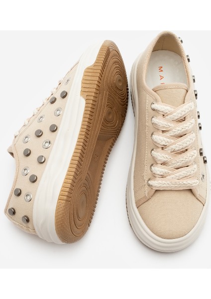 Kadın Sneaker Troklu Zımbalı Bağcıklı Keten Spor Ayakkabı Viben