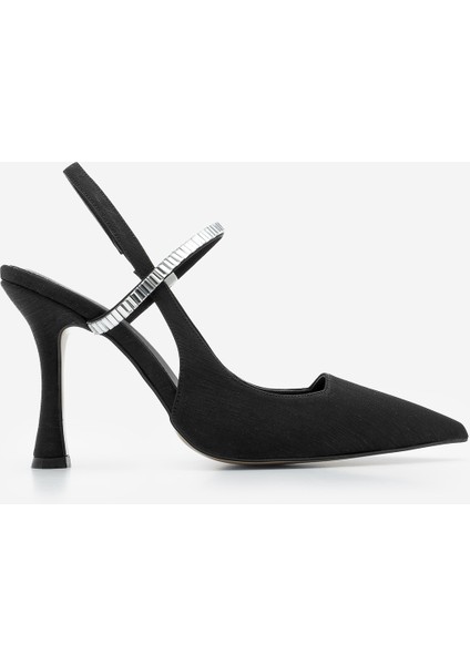 Kadın Stiletto Sivri Burun Bantlı Taşlı Arkası Açık Atkılı Topuklu Ayakkabı Lovan Siyah Saten modelleri