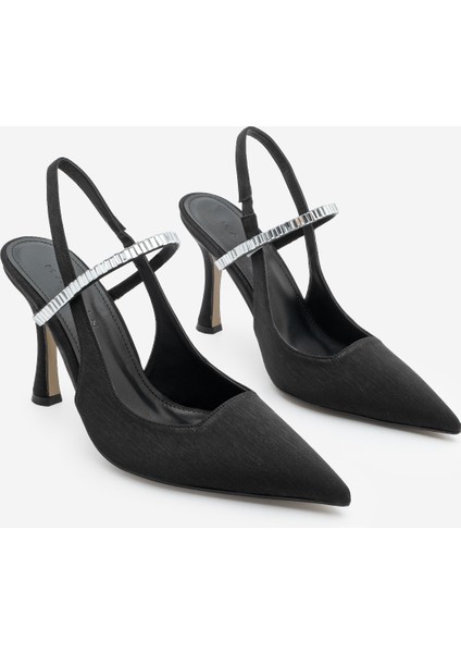 Kadın Stiletto Sivri Burun Bantlı Taşlı Arkası Açık Atkılı Topuklu Ayakkabı Lovan Siyah Saten indirimleri