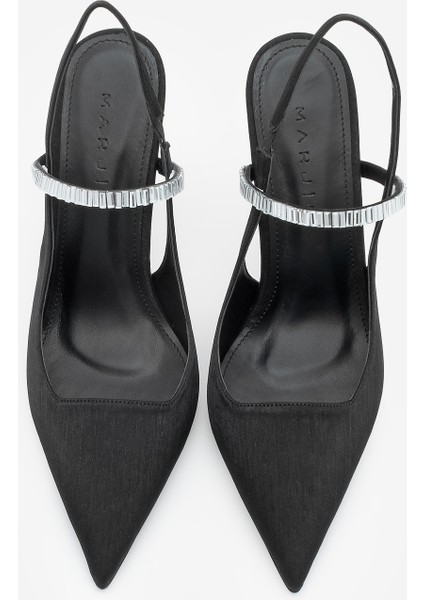 Kadın Stiletto Sivri Burun Bantlı Taşlı Arkası Açık Atkılı Topuklu Ayakkabı Lovan Siyah Saten