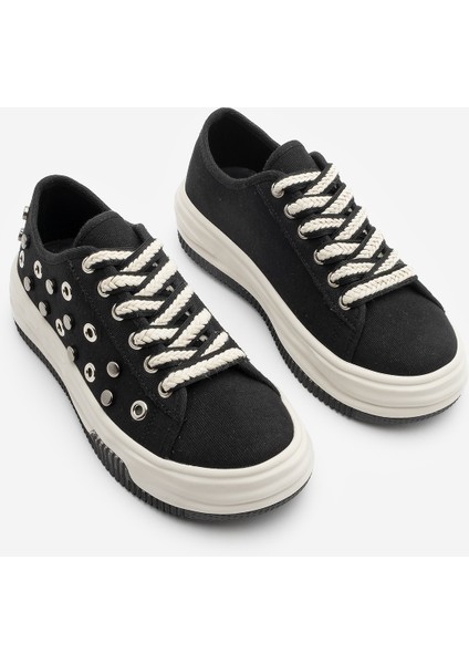 Kadın Sneaker Troklu Zımbalı Bağcıklı Keten Spor Ayakkabı Viben