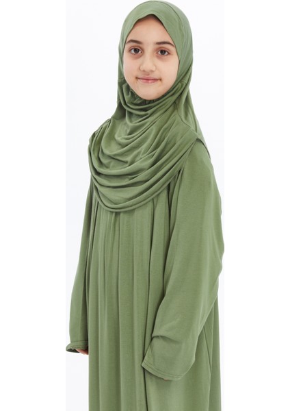 Pratik Tek Parça Organik Kız Çocuk Namaz Elbisesi-Fıstık Yeşili - 11-13 Yaş