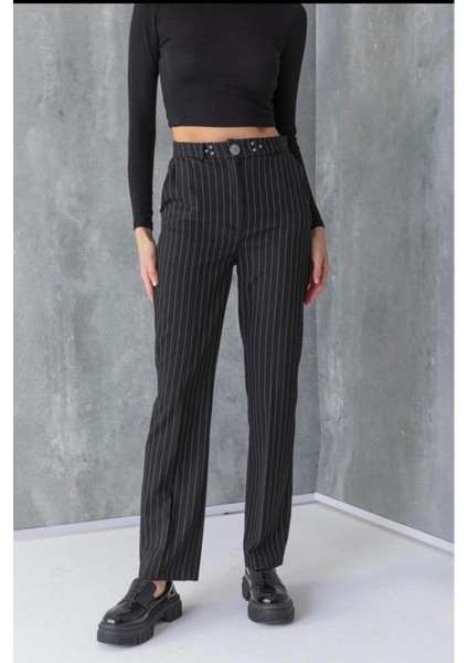 Kemer Düğmli Taşlı Çizgili Kumaş Pantolon