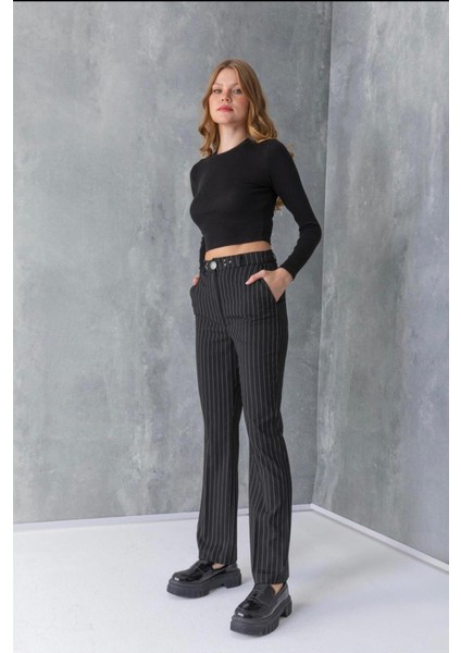 Kemer Düğmli Taşlı Çizgili Kumaş Pantolon fiyatları