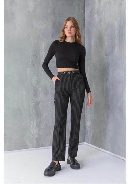 Kemer Düğmli Taşlı Çizgili Kumaş Pantolon fırsatları