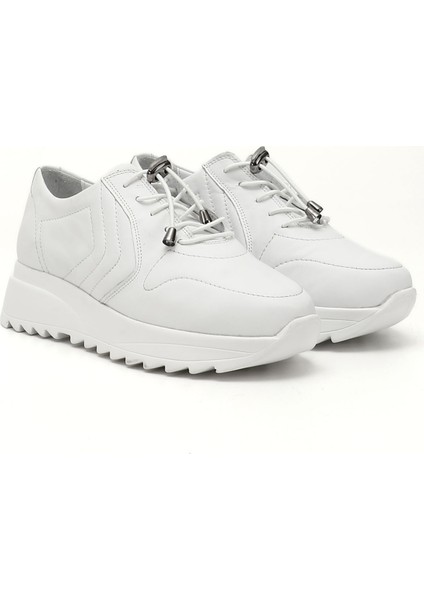 Kadın Beyaz Bağcıklı Dolgu Taban Hakiki Deri Sneaker