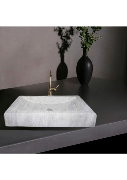 Gümüş Traverten Modern Kare Lavabo-173