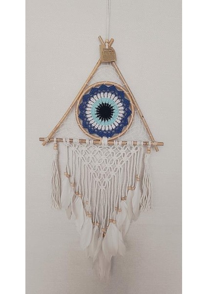 Düş Kapanı Üçgen Göz Makrome Dreamcatcher Bambu Nazarlı Beyaz Kuş Tüyü Rüya Kapanı Duvar Süsü Elişi