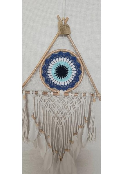 Düş Kapanı Üçgen Göz Makrome Dreamcatcher Bambu Nazarlı Beyaz Kuş Tüyü Rüya Kapanı Duvar Süsü Elişi