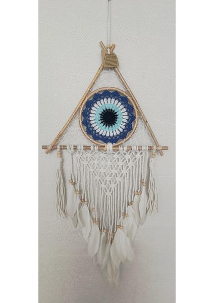 Düş Kapanı Üçgen Göz Makrome Dreamcatcher Bambu Nazarlı Beyaz Kuş Tüyü Rüya Kapanı Duvar Süsü Elişi