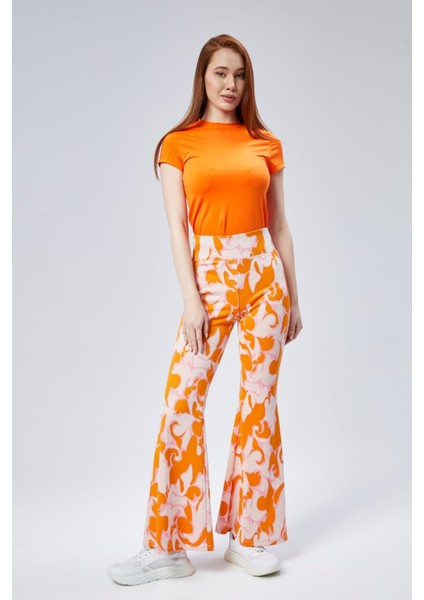 Kadın Yeşil Desenli Yüksek Bel Esnek Ispanyol Paça Tayt Pantolan