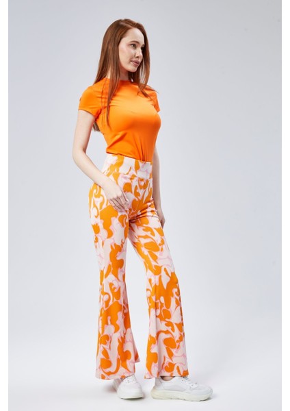 Kadın Yeşil Desenli Yüksek Bel Esnek Ispanyol Paça Tayt Pantolan fırsatları