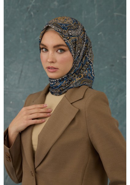 Ipekhan Soft Pamuk Etro Desen Eşarp 1224-15 Mavi Hardal