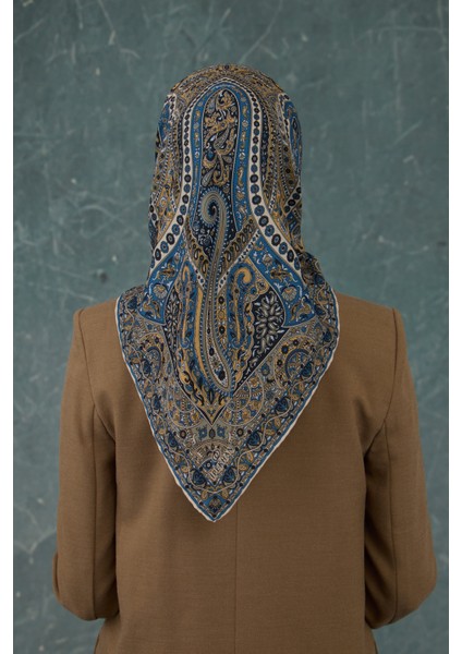 Ipekhan Soft Pamuk Etro Desen Eşarp 1224-15 Mavi Hardal