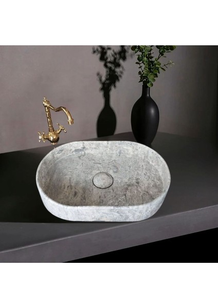 Gümüş Traverten Gizli Giderli Oval Dizayn Lavabo-164