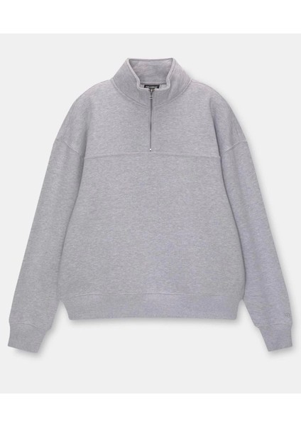 Oversize Yarım Farmuarlı Yakalı Basic Weathirt Gri
