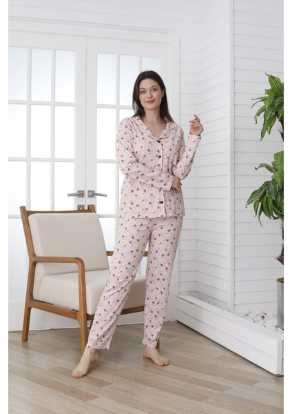 Önü Düğmeli Desenli Uzun Kol Süprem Kadın Pijama Takımı VG137