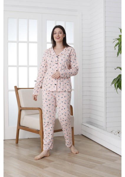 Önü Düğmeli Desenli Uzun Kol Süprem Kadın Pijama Takımı VG137