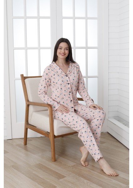 Önü Düğmeli Desenli Uzun Kol Süprem Kadın Pijama Takımı VG137