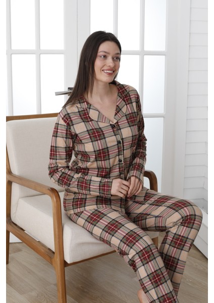 Önü Düğmeli Desenli Uzun Kol Süprem Kadın Pijama Takımı VG137