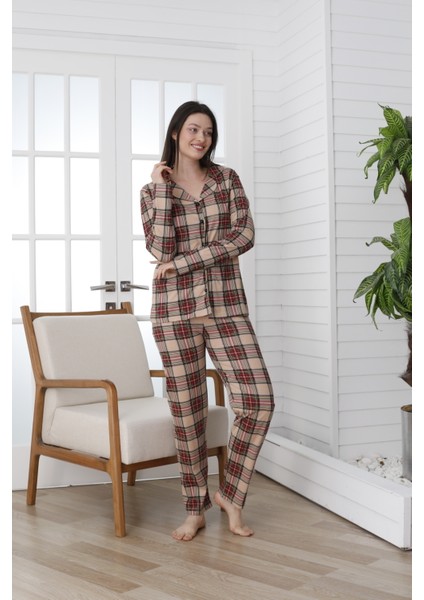 Önü Düğmeli Desenli Uzun Kol Süprem Kadın Pijama Takımı VG137