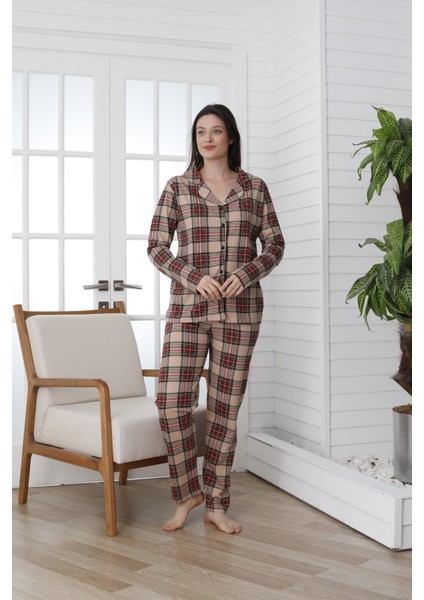 Önü Düğmeli Desenli Uzun Kol Süprem Kadın Pijama Takımı VG137