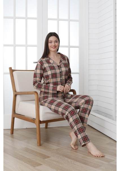 Önü Düğmeli Desenli Uzun Kol Süprem Kadın Pijama Takımı VG137