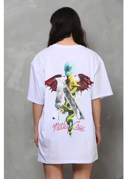 Unisex Bisiklet Yaka Baskılı Oversize Thirt Beyaz
