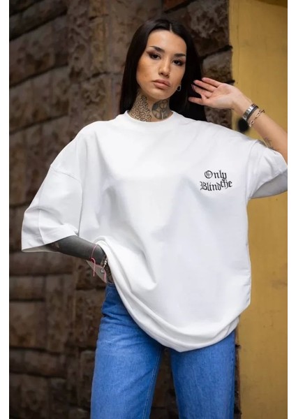 Unisex Bisiklet Yaka Baskılı Oversize Thirt Beyaz