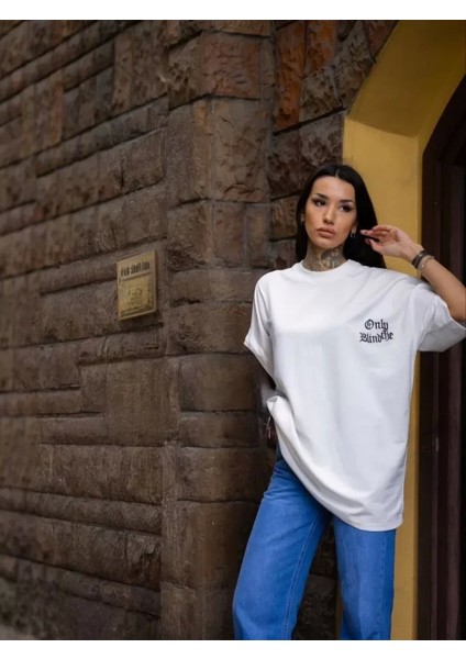 Unisex Bisiklet Yaka Baskılı Oversize Thirt Beyaz