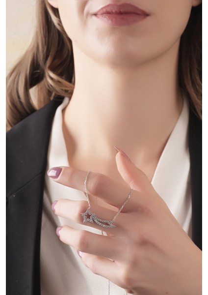 925 Ayar Gümüş, Rodyum Kaplamalı Zirkon Taşlı Kayan Yıldız Kolye