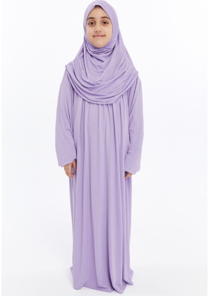 Pratik Tek Parça Organik Kız Çocuk Namaz Elbisesi - Lila - 5-7 Yaş
