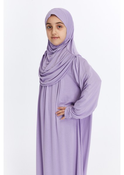 Pratik Tek Parça Organik Kız Çocuk Namaz Elbisesi - Lila - 5-7 Yaş modelleri