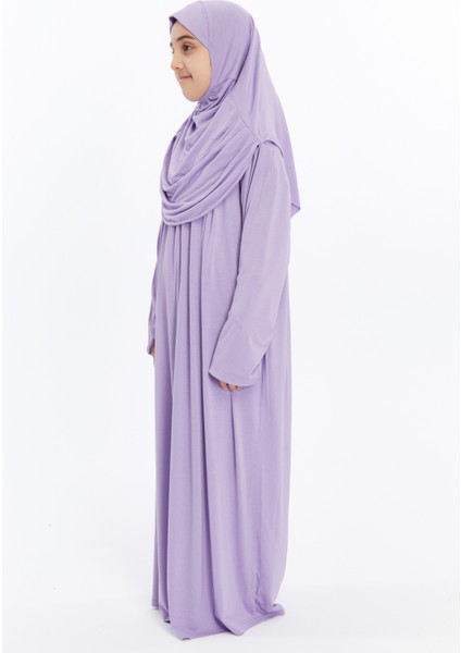 Pratik Tek Parça Organik Kız Çocuk Namaz Elbisesi - Lila - 5-7 Yaş indirimleri
