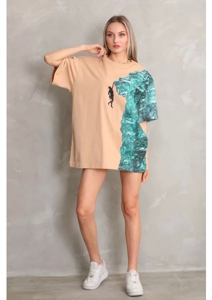 Unisex Bisiklet Yaka Baskılı Oversize Thirt Bej