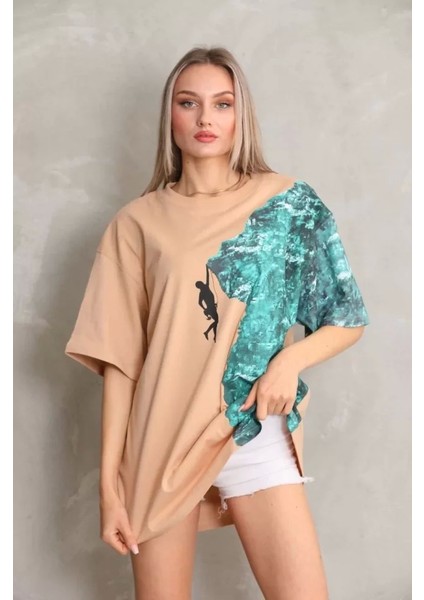 Unisex Bisiklet Yaka Baskılı Oversize Thirt Bej