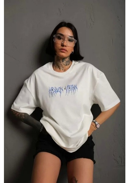 Unisex Bisiklet Yaka Baskılı Oversize Thirt Beyaz