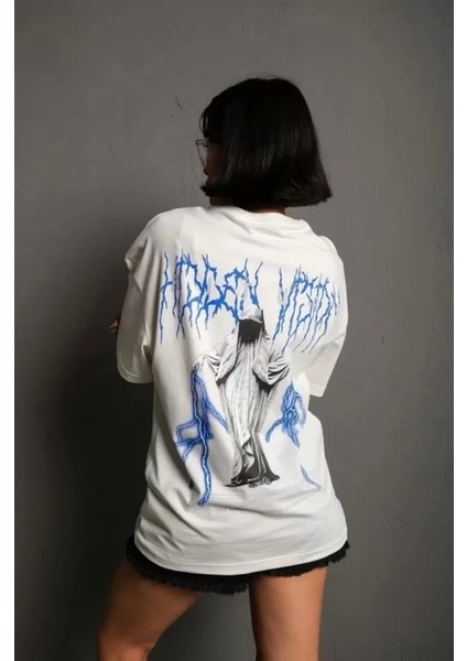 Unisex Bisiklet Yaka Baskılı Oversize Thirt Beyaz