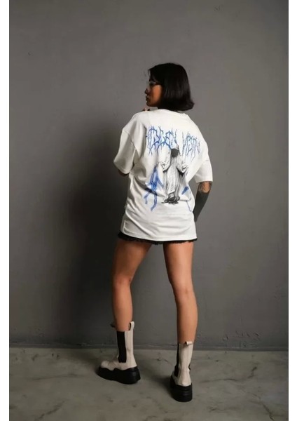 Unisex Bisiklet Yaka Baskılı Oversize Thirt Beyaz